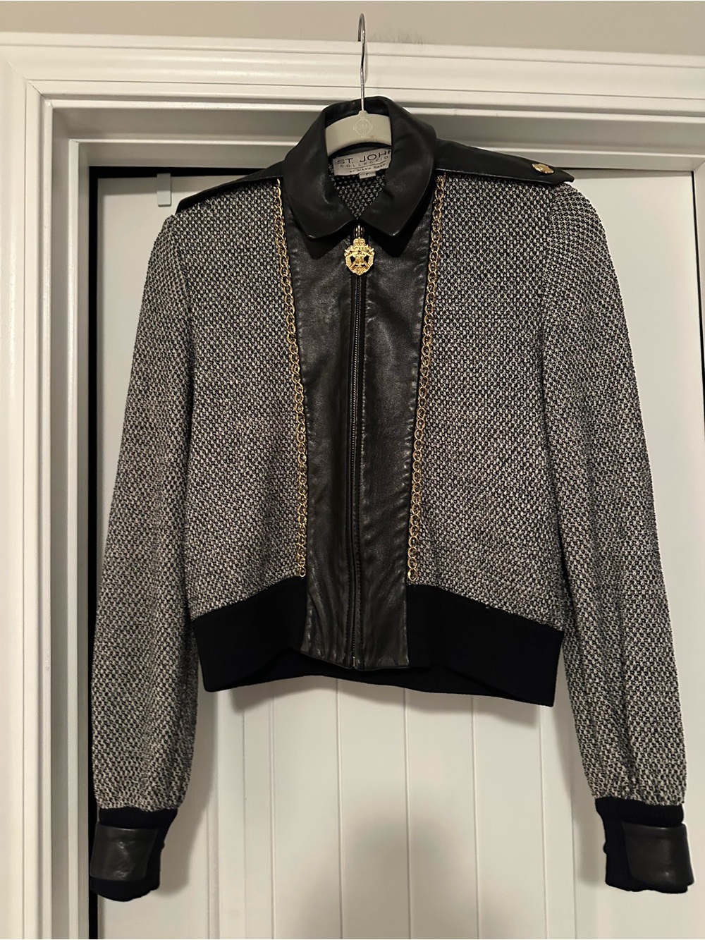 St. John‎ Collection by Marie Gray P Black/Gray Leather Knit Bomber Jacket